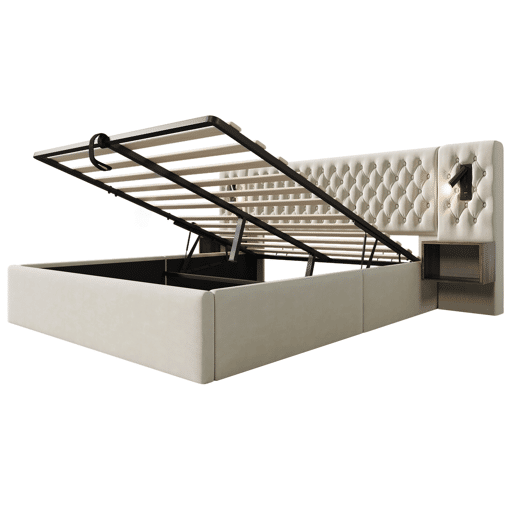 Cama Polsterbett 160x200 - Cama com arrumação hidráulica, 2 mesas de cabeceira, luz LED, bege