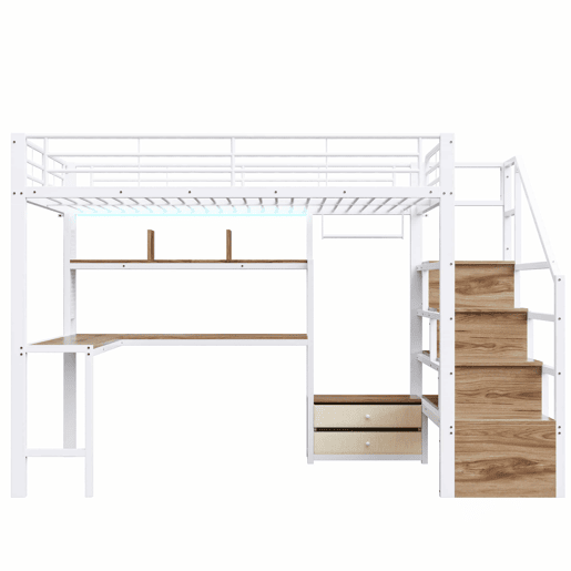 Cama alta 140x200 cm - estrutura em ferro, 2 gavetas, grelha para pendurar objetos, faixa de luz LED, secretária, escada com arrumação, sem colchão - branco