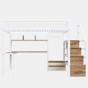 Cama alta 140x200 cm - estrutura em ferro, 2 gavetas, grelha para pendurar objetos, faixa de luz LED, secretária, escada com arrumação, sem colchão - branco
