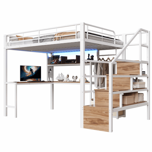 Cama alta 140x200 cm - estrutura em ferro, 2 gavetas, grelha para pendurar objetos, faixa de luz LED, secretária, escada com arrumação, sem colchão - branco