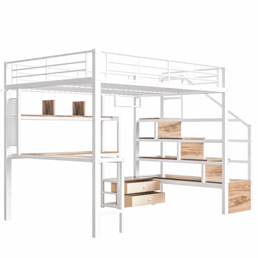 Cama alta 140x200 cm - estrutura em ferro, 2 gavetas, grelha para pendurar objetos, faixa de luz LED, secretária, escada com arrumação, sem colchão - branco