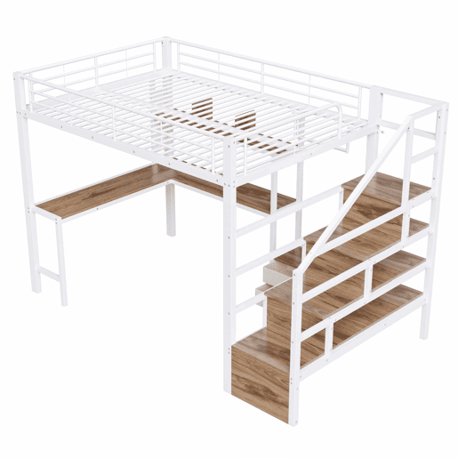 Cama alta 140x200 cm - estrutura em ferro, 2 gavetas, grelha para pendurar objetos, faixa de luz LED, secretária, escada com arrumação, sem colchão - branco