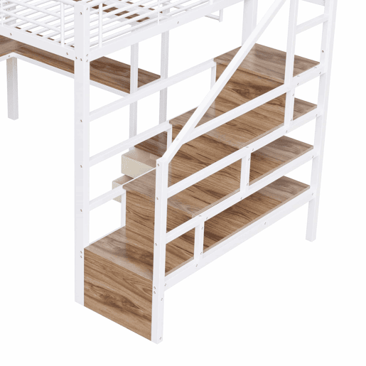 Cama alta 140x200 cm - estrutura em ferro, 2 gavetas, grelha para pendurar objetos, faixa de luz LED, secretária, escada com arrumação, sem colchão - branco