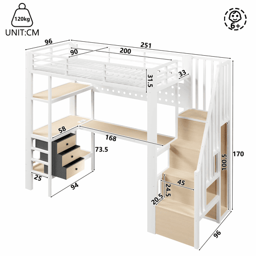 Cama alta 90x200 cm - cama metálica com prateleira, gaveta, painel perfurado, secretária, tomada e luz LED, sem colchão - branco