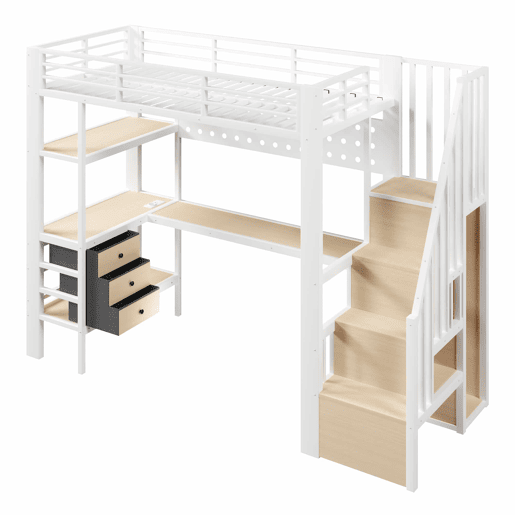 Cama alta 90x200 cm - cama metálica com prateleira, gaveta, painel perfurado, secretária, tomada e luz LED, sem colchão - branco