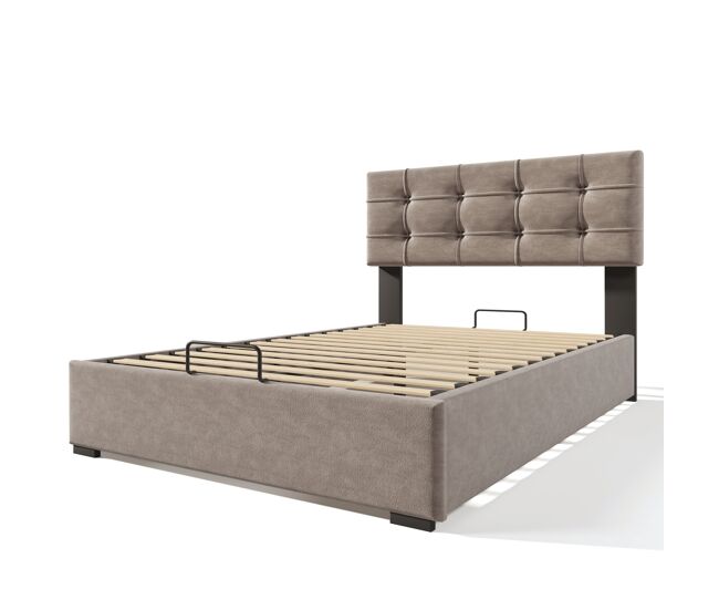Cama tapizada 140x200cm - cabezal ajustable, estructura de metal con somier, con colchón, terciopelo, moderno con almacenamiento - gris claro