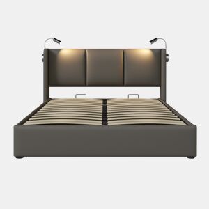 Cama Polsterbett 160x200 - Com arrumação, cabeceira com luz e função de carregamento - Cinza