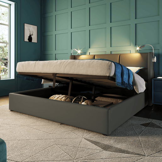 Cama Polsterbett 160x200 - Com arrumação, cabeceira com luz e função de carregamento - Cinza