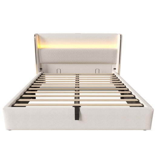 Cama hidráulica 140x200 cm - Com cabeceira alta, iluminação LED, arrumação e portas USBType-C - Bege