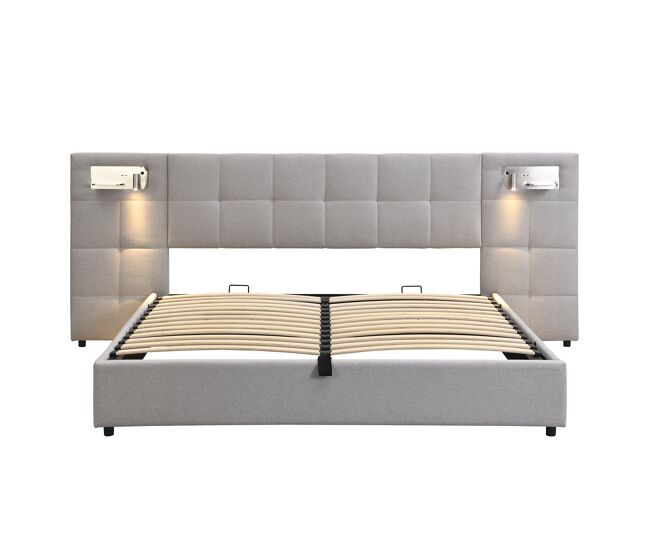 Cama tapizada 180x200 cm - hidráulica, con usb, carga inalámbrica, lámpara iluminada y almacenamiento - gris linen
