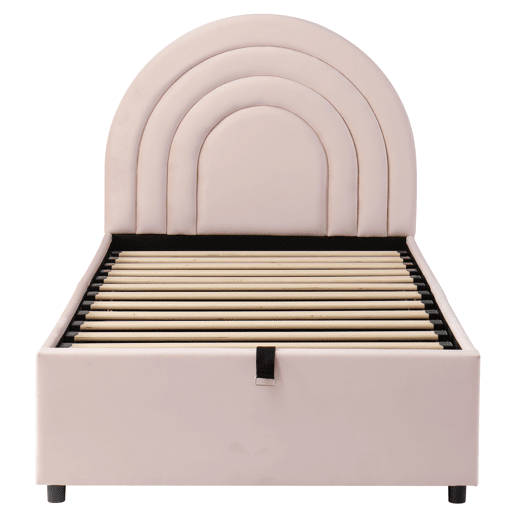 Cama estofada 90x200 - Cama individual com cabeceira e estrado de ripas - Rosa
