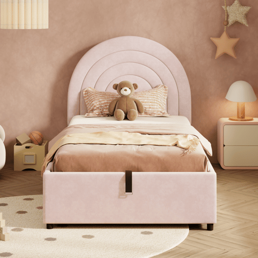 Cama estofada 90x200 - Cama individual com cabeceira e estrado de ripas - Rosa