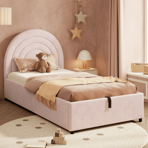 Cama estofada 90x200 - Cama individual com cabeceira e estrado de ripas - Rosa