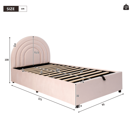 Cama estofada 90x200 - Cama individual com cabeceira e estrado de ripas - Rosa