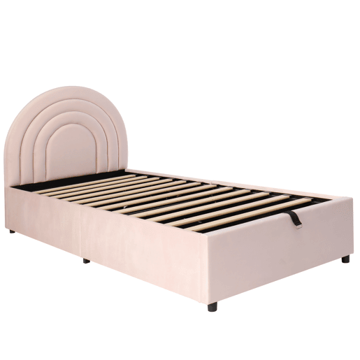 Cama estofada 90x200 - Cama individual com cabeceira e estrado de ripas - Rosa