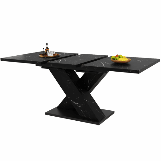 Mesa de jantar extensível 140-180 cm - design moderno em X, tampo com efeito mármore, para 4-6 pessoas, estrutura metálica estável - preta Mesa de jantar extensível 140-180 cm - design moderno em X, tampo com efeito mármore, para 4-6 pessoas, estrutura metálica estável - preta