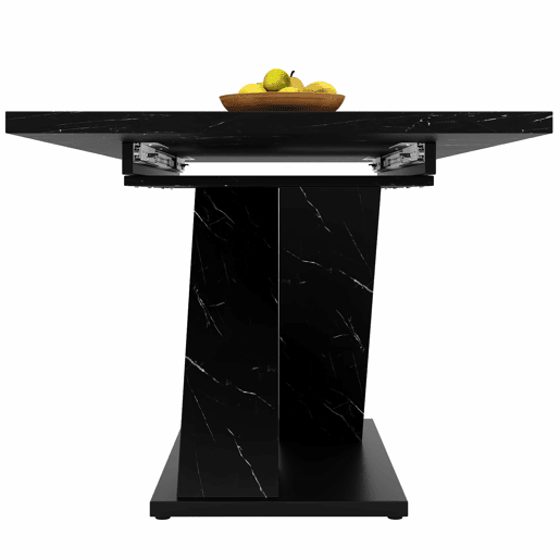 Mesa de jantar extensível 140-180 cm - design moderno em X, tampo com efeito mármore, para 4-6 pessoas, estrutura metálica estável - preta Mesa de jantar extensível 140-180 cm - design moderno em X, tampo com efeito mármore, para 4-6 pessoas, estrutura metálica estável - preta