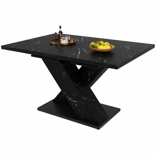 Mesa de jantar extensível 140-180 cm - design moderno em X, tampo com efeito mármore, para 4-6 pessoas, estrutura metálica estável - preta Mesa de jantar extensível 140-180 cm - design moderno em X, tampo com efeito mármore, para 4-6 pessoas, estrutura metálica estável - preta