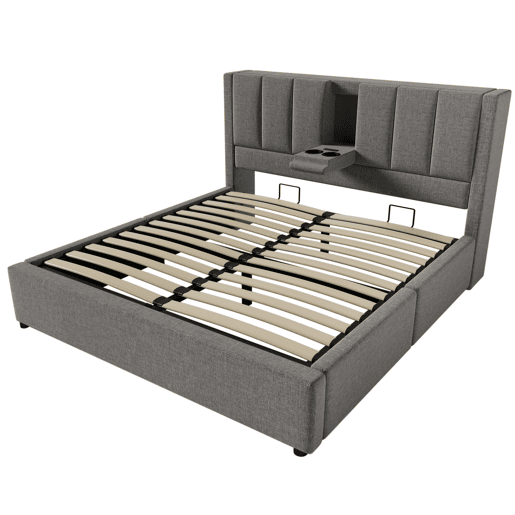 Cama estofada 180x200 cm - Com suporte para copo e estação de carregamento - Cinza