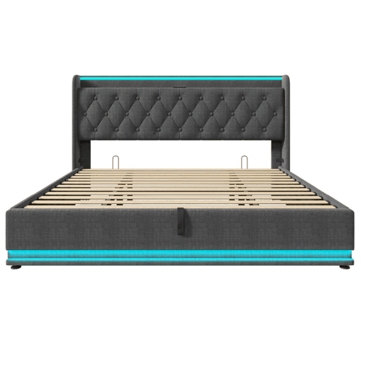 Cama de casal estofada 180x200 - LED 360°, hidráulica, cabeceira acolchoada com USB-C, controlo tátilAppRC - Cinza