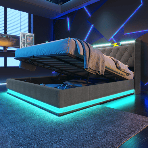 Cama de casal estofada 180x200 - LED 360°, hidráulica, cabeceira acolchoada com USB-C, controlo tátilAppRC - Cinza