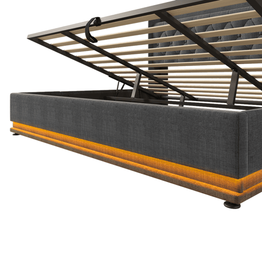 Cama de casal estofada 180x200 - LED 360°, hidráulica, cabeceira acolchoada com USB-C, controlo tátilAppRC - Cinza