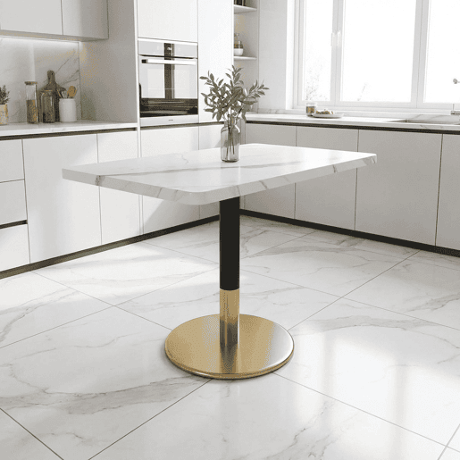 Mesa de jantar moderna retangular 80 x 60 cm - Mesa pequena com padrão em mármore branco e base em metal preto e dourado - para sala de jantar, cozinha e escritório