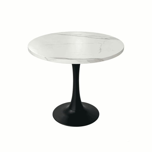 Mesa de jantar redonda de 80 cm - Mesa de entrada pequena com padrão de mármore branco, tampo em madeira e base em metal preto - Branco+Preto