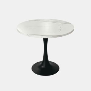 Mesa de jantar redonda de 80 cm - Mesa de entrada pequena com padrão de mármore branco, tampo em madeira e base em metal preto - Branco+Preto