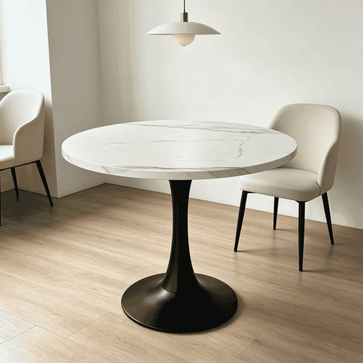 Mesa de jantar redonda de 80 cm - Mesa de entrada pequena com padrão de mármore branco, tampo em madeira e base em metal preto - Branco+Preto