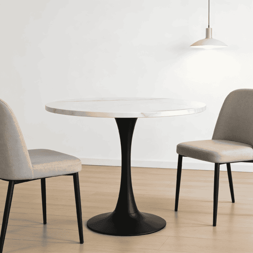Mesa de jantar redonda de 80 cm - Mesa de entrada pequena com padrão de mármore branco, tampo em madeira e base em metal preto - Branco+Preto