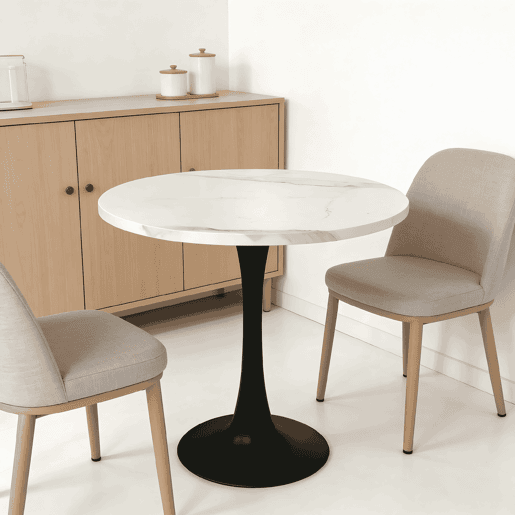 Mesa de jantar redonda de 80 cm - Mesa de entrada pequena com padrão de mármore branco, tampo em madeira e base em metal preto - Branco+Preto