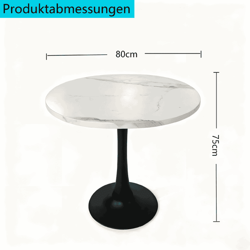 Mesa de jantar redonda de 80 cm - Mesa de entrada pequena com padrão de mármore branco, tampo em madeira e base em metal preto - Branco+Preto