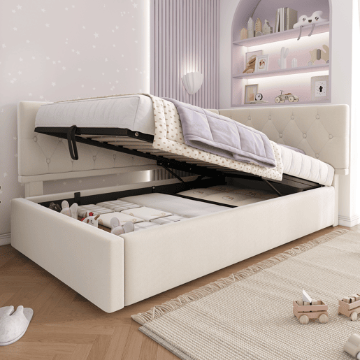 Cama Polsterbett 90x190 cm - Sofá-cama com arrumação hidráulica e cabeceira em madeira - Bege