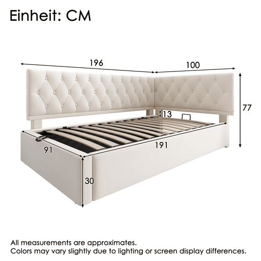 Cama Polsterbett 90x190 cm - Sofá-cama com arrumação hidráulica e cabeceira em madeira - Bege