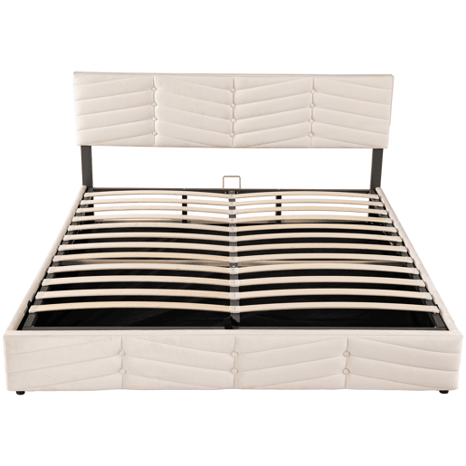 Cama estofada 180x200 cm - Cama de casal hidráulica com cabeceira ajustável, estilo riscas, veludo - Bege
