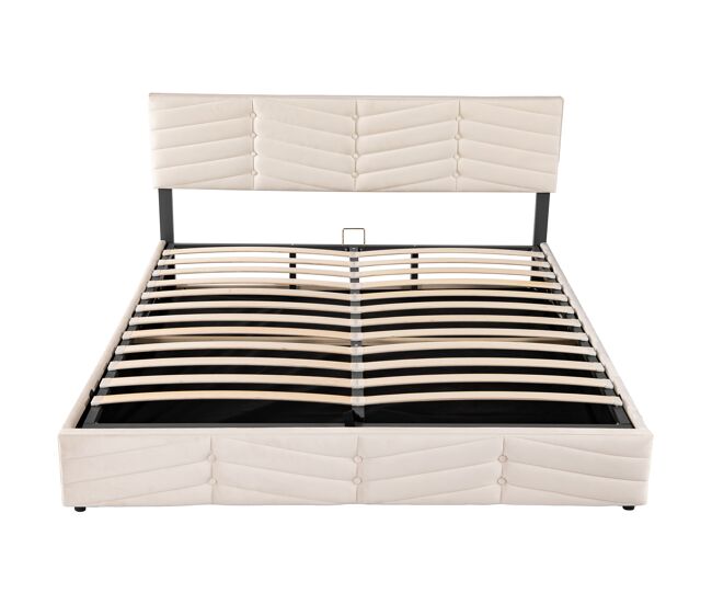 Cama tapizada 180x200 cm - cama doble hidráulica con cabecero ajustable, estilo rayas, terciopelo - beige