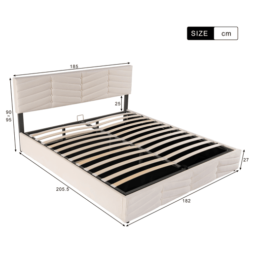 Cama estofada 180x200 cm - Cama de casal hidráulica com cabeceira ajustável, estilo riscas, veludo - Bege