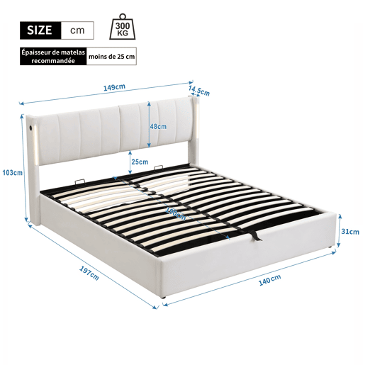 Cama estofada LED 140 x 190 cm - hidráulica com porta USB, iluminação e arrumação - Branco