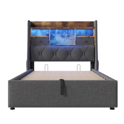 Cama hidráulica 90x200 cm - Com arrumação, cabeceira LED, 4 portas USBType-C - Cinza