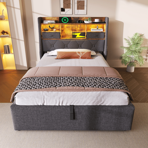 Cama hidráulica 90x200 cm - Com arrumação, cabeceira LED, 4 portas USBType-C - Cinza