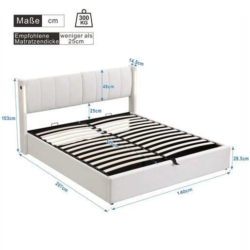 Cama estofada LED 140 x 200 cm - cama hidráulica com USB recarregável, cabeceira ajustável e arrumação - Branco