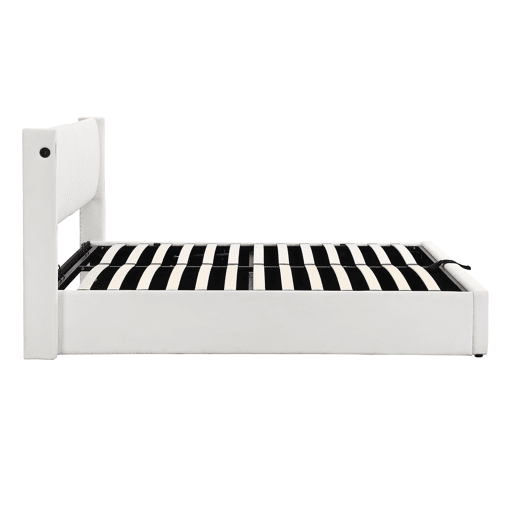 Cama estofada LED 140 x 200 cm - cama hidráulica com USB recarregável, cabeceira ajustável e arrumação - Branco