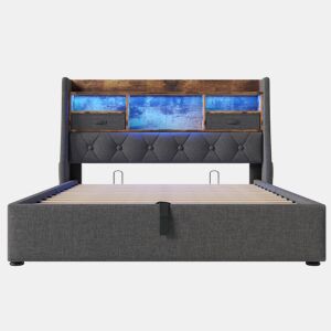 Cama hidráulica 140x200 cm - Com arrumação, cabeceira LED, 4 portas USBType-C - Cinza