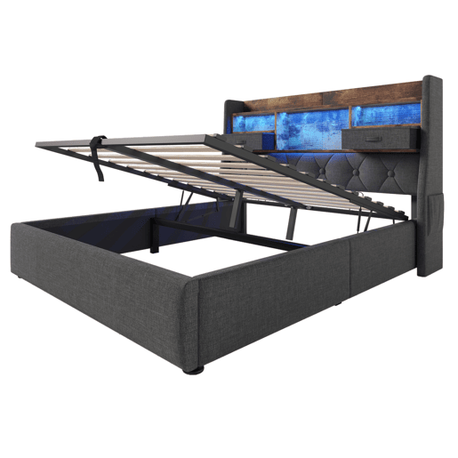 Cama hidráulica 140x200 cm - Com arrumação, cabeceira LED, 4 portas USBType-C - Cinza