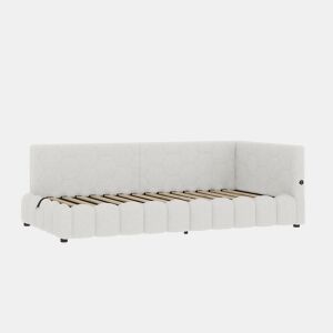Cama de dia 90x200cm - Sofá-cama, com estrado (sem colchão), barra de luz LED, mecanismo hidráulico, porta USB e Tipo-C, material confortável, imitação de lã - Branco