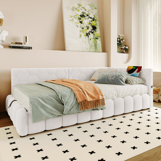Cama de dia 90x200cm - Sofá-cama, com estrado (sem colchão), barra de luz LED, mecanismo hidráulico, porta USB e Tipo-C, material confortável, imitação de lã - Branco