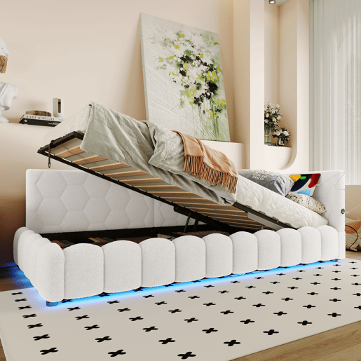 Cama de dia 90x200cm - Sofá-cama, com estrado (sem colchão), barra de luz LED, mecanismo hidráulico, porta USB e Tipo-C, material confortável, imitação de lã - Branco