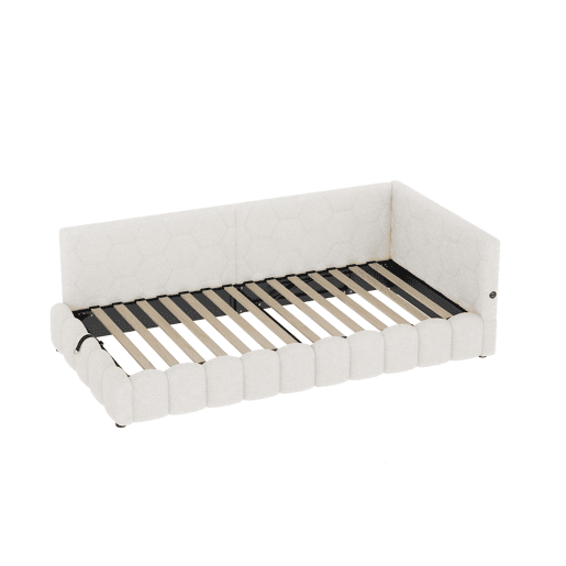 Cama de dia 90x200cm - Sofá-cama, com estrado (sem colchão), barra de luz LED, mecanismo hidráulico, porta USB e Tipo-C, material confortável, imitação de lã - Branco