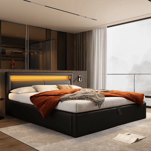 Cama estofada LED 140x190 - com estrado, arrumação e cabeceira iluminada multicolorida - preta